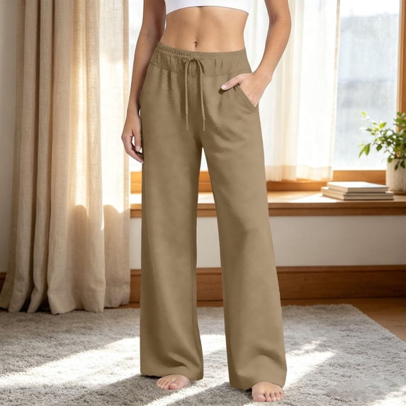 hlysgo Wide Leg Pants for Women Casual Flowy Crepe Trousers Wrinkle Free Relaxed Lounge Work Business Pant with Pockets Khaki,M