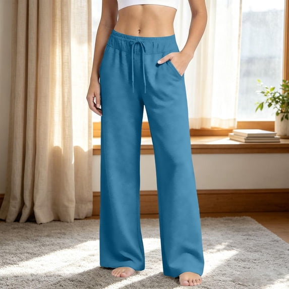 hlysgo Wide Leg Pants for Women Casual Flowy Crepe Trousers Wrinkle Free Relaxed Lounge Work Business Pant with Pockets Sky Blue,XL