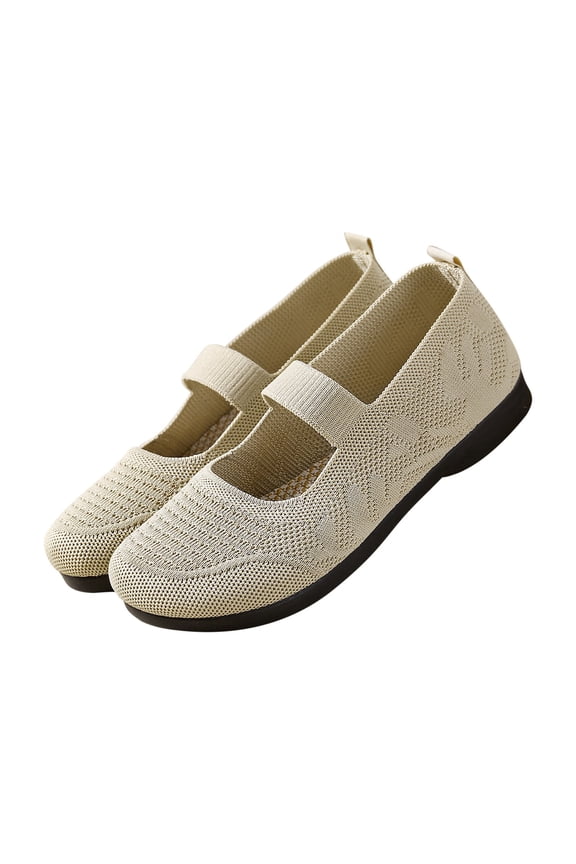 Wide Toe Box Flats Shoes Women Knit Ballet Flats Mary Jane Dress Flat Wide Width Walking Shoes Slip-on with Strap Khaki,35