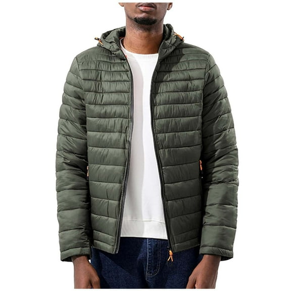 hlysgo Winter Jackets for Men with Hood Plus Size Zip up Quilted Puffer Jacket with Pockets Warm Down Coat Big and Tall Men's Winter Coats Army Green XXXXL