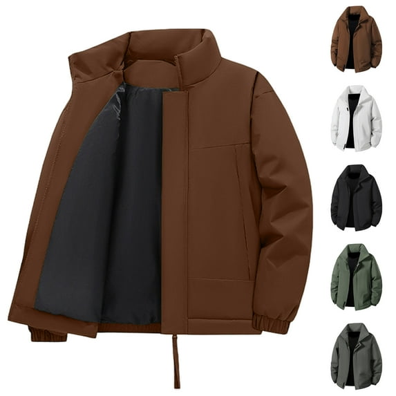 hlysgo Winter Puffer Jackets for Men no Hood Warm Stand Collar Zip up Windproof Jacket Men's Winter Down Work Coats Thicken Outerwear Coffee L
