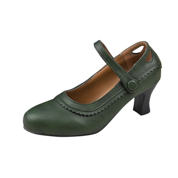 hlysgo Women Kitten Heel Mary Jane Pumps Round Toe Ankle Strap Dress Chunky Heels Sandals Matte Shoes Dress Vintage Green 39