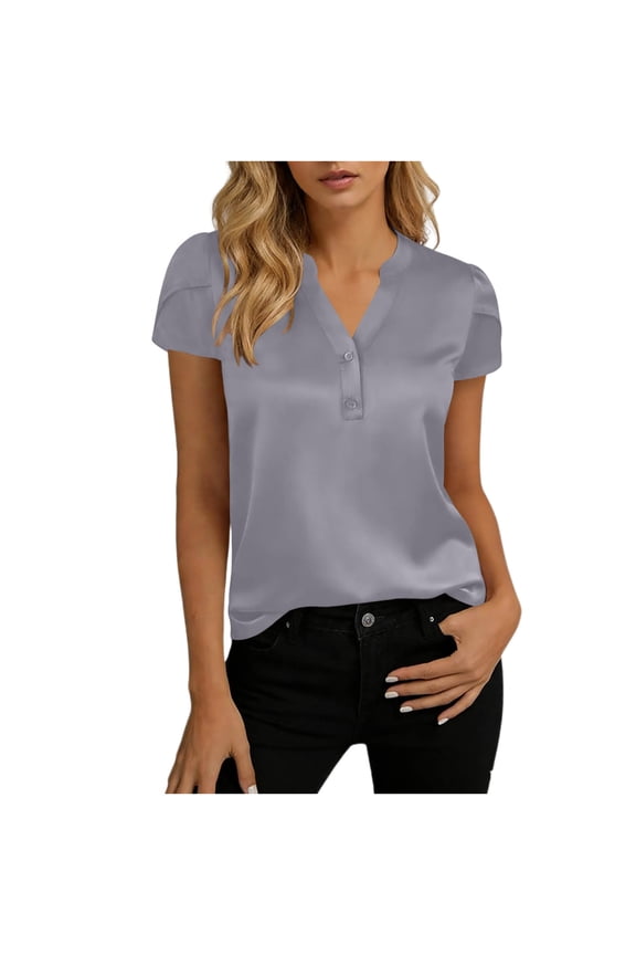Women Satin Blouse Business Work Tops Casual Cap Sleeve V Neck Button Down Shirts Gray,S