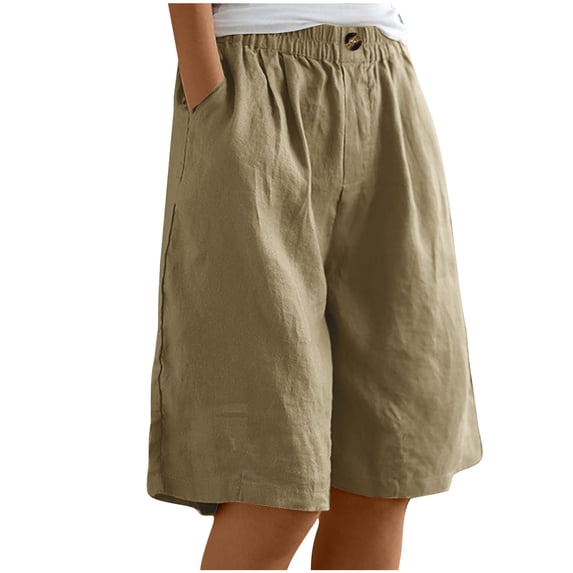 hlysgo Women Summer Bermuda Short Knee Length Elastic Waist Shorts Beach Lounge Workout Casual Long Short with Pockets Khaki,M
