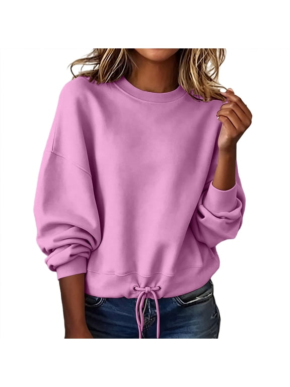 Women's Adjustable Drawstring Sweater Hem Cropped Crew Neck Sweatshirt Long Sleeve Drop Shoulder Pullover Casual Loose Fashion Tops Pink,M