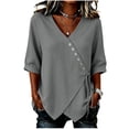 thumbnail image 1 of hlysgo Women's Asymmetrical Button Tops Side Tie Cinched Waist Cross Hem Short Sleeve Shirts Gray,XL, 1 of 6