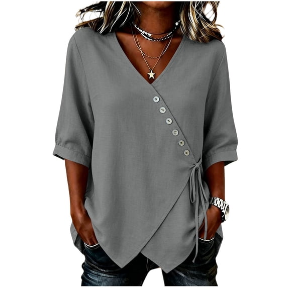 hlysgo Women's Asymmetrical Button Tops Side Tie Cinched Waist Cross Hem Short Sleeve Shirts Gray,XL