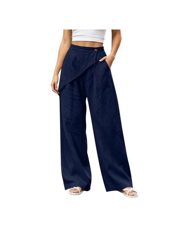 Women's Asymmetry Wrap Pants High Waist Linen Wide Leg Trousers Button Loose Casual Pant with Pockets Navy,S