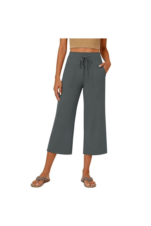 Women's Baggy Causal Pants Capri Elastic Waist Drawstring Wide Leg Trousers Loose Summer Comfy Pant with Pockets Gray,S