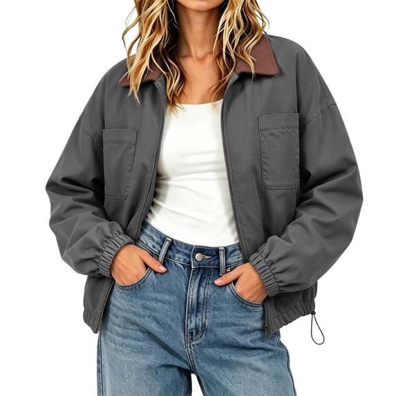 hlysgo Women's Barn Jacket Collar Zipper Utility Jacket Cinchable Hem Workwear Jacket with Pockets Gray,S