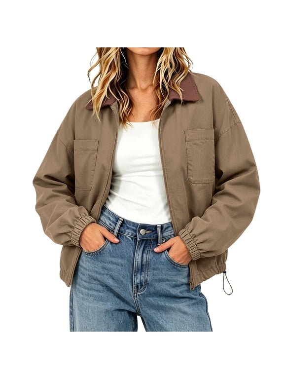 Women's Barn Jacket Collar Zipper Utility Jacket Cinchable Hem Workwear Jacket with Pockets Khaki,M