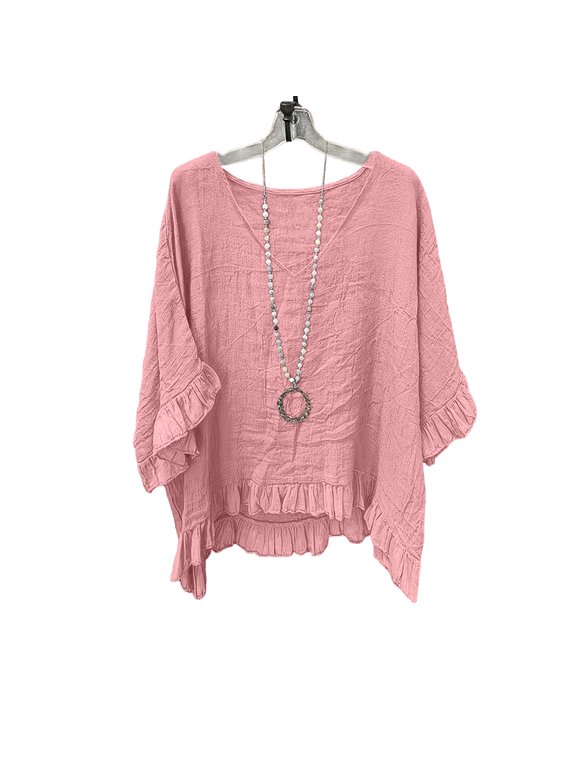 Women's Batwing Sleeve Tunic Tops V Neck Double Ruffle Trim Boho Blouse Casual Loungewear Home Vacation Shirts Pink,S