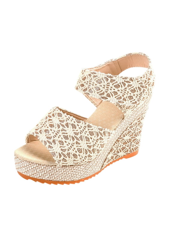 Women's Black Textured Two Strap Open Toe Slingback Wedge Sandals Color Block Espadrille High Platform Sandals for Vacation Beige,35
