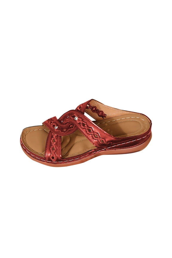 Women's Burgundy Cross Strap Hollow Out Embroidered Wedge Slide Sandals Open Toe Rhinestone Decor Casual Platform Sandals Red,41