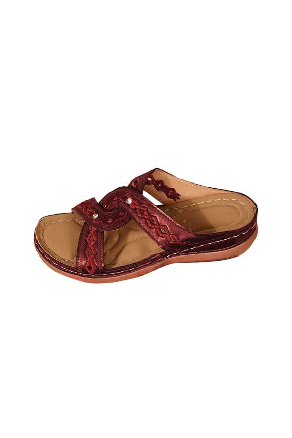 Women's Burgundy Cross Strap Hollow Out Embroidered Wedge Slide Sandals Open Toe Rhinestone Decor Casual Platform Sandals Wine,38