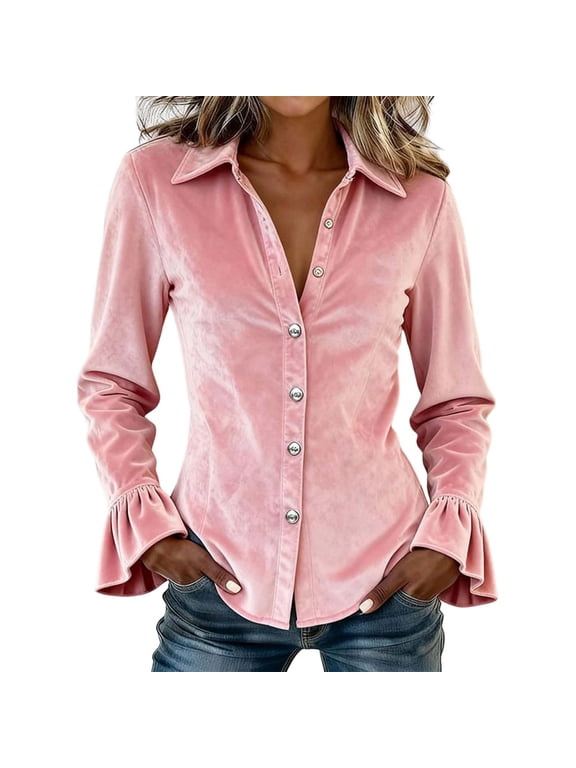Women's Button Down Collared Shirt Long Sleeve Flared Cuff Fitted Casual Blouse Elegant Daily Wear Work Office Fall Winter Tops Pink,S