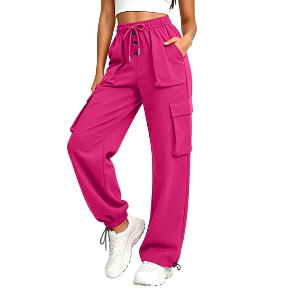 hlysgo Women's Cargo Pants Elastic Drawstring Waist Wide Leg Pant Hiking Outdoor Comfy Cozy Trousers with Pockets Hot Pink,L