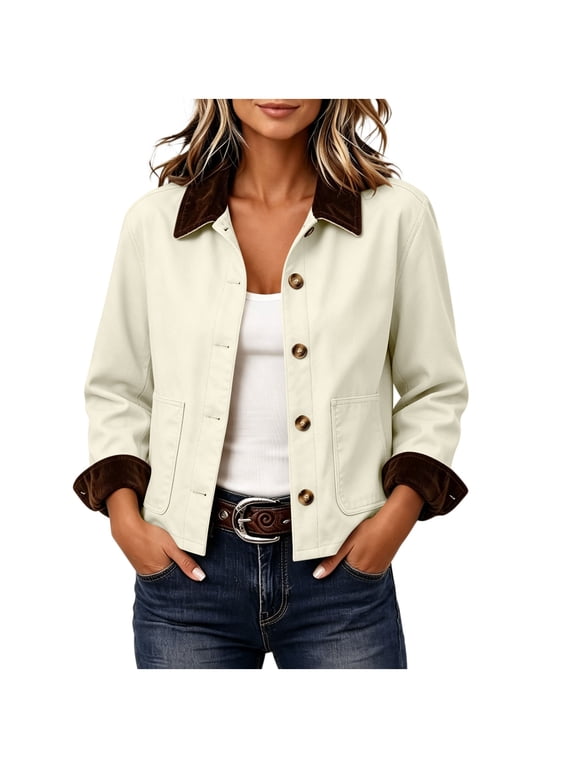 Women's Casual Cropped Jacket Trench Contrast Collar Coat Loose Lightweight Barn 2026 for Spring Fall Jacket Beige,S