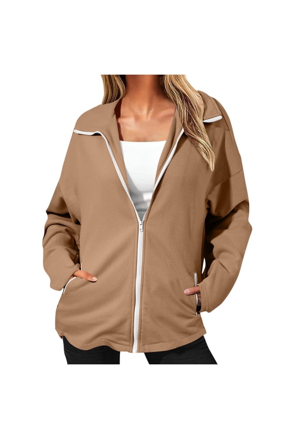 Women's Casual Jacket Biker Moto Loose Fit Comfort Coat Lightweight Fall Bomber Outerwear Tops Brown,S