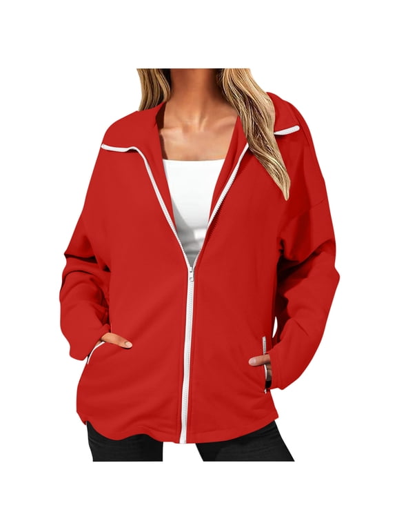 Women's Casual Jacket Biker Moto Loose Fit Comfort Coat Lightweight Fall Bomber Outerwear Tops Red,S