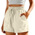 thumbnail image 1 of hlysgo Women's Casual Linen Shorts Elastic Drawstring Waist 3 Inch Inseam Short Loose Fit Dailywear Short with Pockets Beige,M, 1 of 6