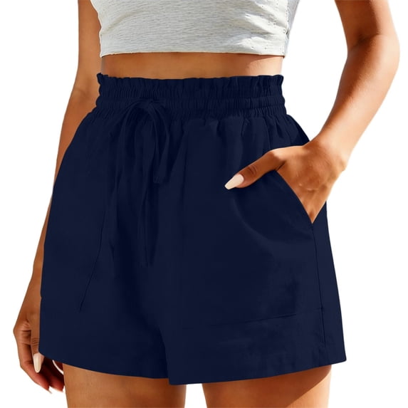 hlysgo Women's Casual Linen Shorts Elastic Drawstring Waist 3 Inch Inseam Short Loose Fit Dailywear Short with Pockets Navy,M
