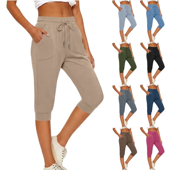 hlysgo Women's Casual Pant Capri Cropped Jogger Running Pants Lounge Loose Fit Drawstring Waist Trousers with Side Pockets Navy,M