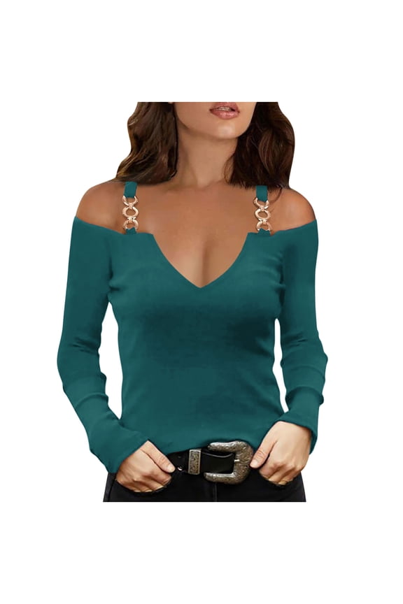Women's Chain Link Straps Tops Cold Shoulder V Neck Long Sleeve Fitted Casual Blouse Fashion Party Daily Wear Shirts Green,S