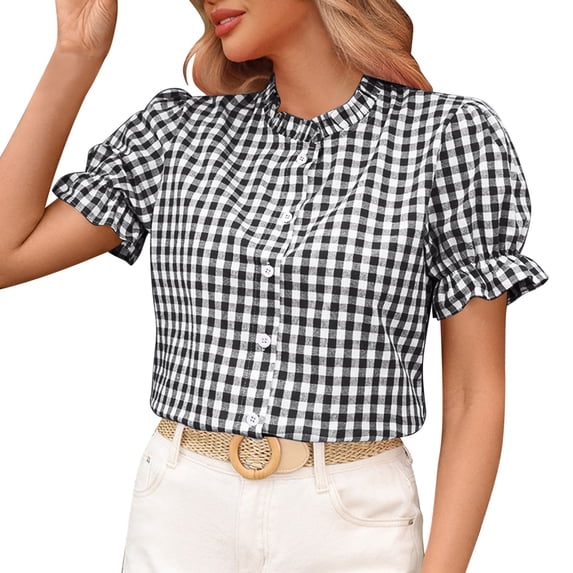 hlysgo Women's Collar Plaid Shirt Puff Short Sleeve Button Down Blouses Casual Summer Gingham Tops Black,2xL
