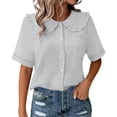thumbnail image 1 of hlysgo Women's Collar Shirt Vintage Short Sleeve Button Down Shirt Y2K Streetwear Soft Comfy Blouse Gray,S, 1 of 6