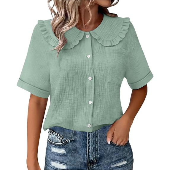 hlysgo Women's Collar Shirt Vintage Short Sleeve Button Down Shirt Y2K Streetwear Soft Comfy Blouse Green,3xL