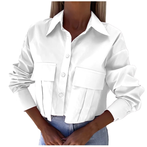 hlysgo Women's Collared Double Pocket Tops Cropped Button Down Shirt Long Sleeve Fashion Casual Streetwear Tops White,S