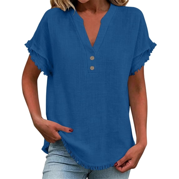 hlysgo Women's Cotton Blend Tops Notched V Neck Blouse Double Layer Frayed Raw Edge Sleeve Boho Beach Vacation Shirts Blue,S