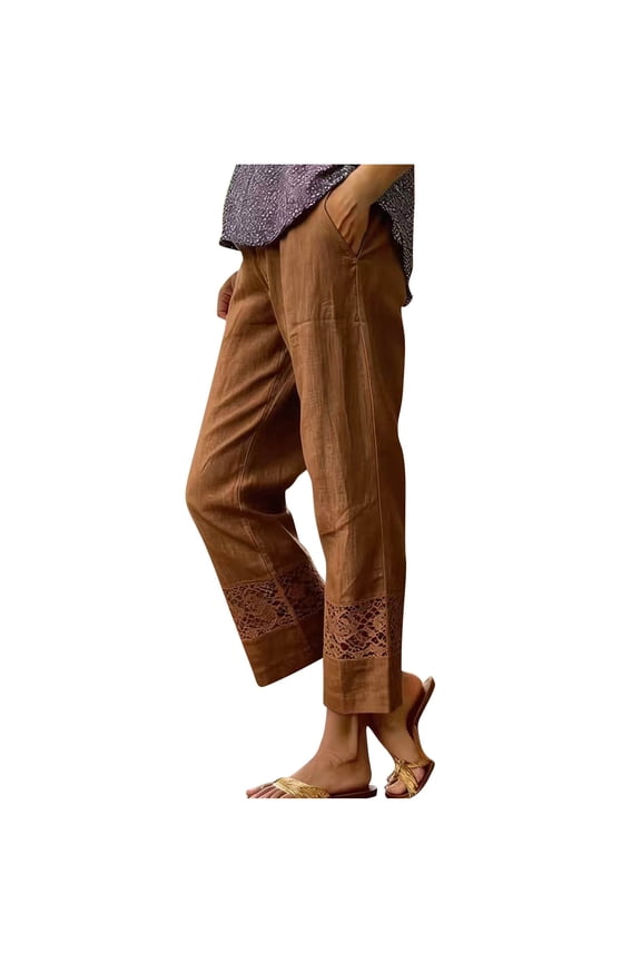 Women's Cotton Linen Pants Casual Comfy High Waist Lightweight Gauze Pants Summer Beach Trousers with Pockets Brown,2xL