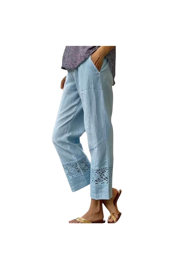Women's Cotton Linen Pants Casual Comfy High Waist Lightweight Gauze Pants Summer Beach Trousers with Pockets Light Blue,L