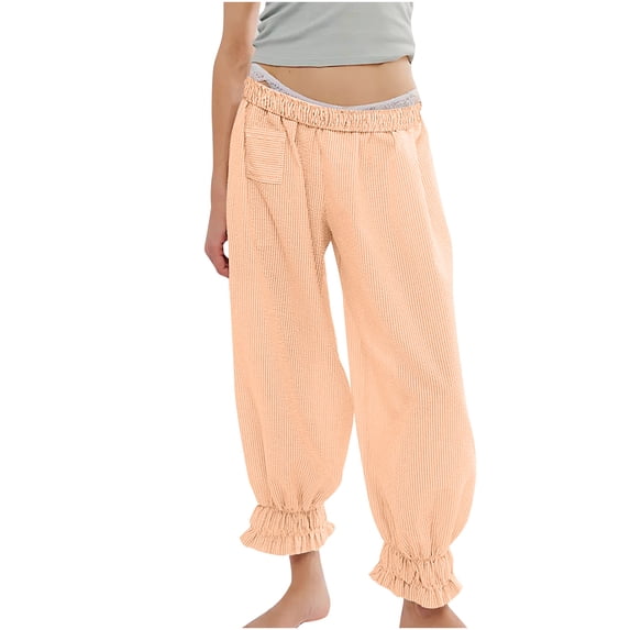 hlysgo Women's Cotton Linen Pants Lace Waist Harem Casual Loose Ruffled Elastic Cuffed Bloomers Trousers With Pocket Fashion Daily Pant Orange,XL