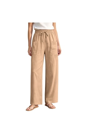 Women's Crinkle Gauze Cotton Pants Elastic Drawstring Waist Harem Lantern Pant Loose Baggy Casual Trousers with Big Patch Pockets Khaki,XL