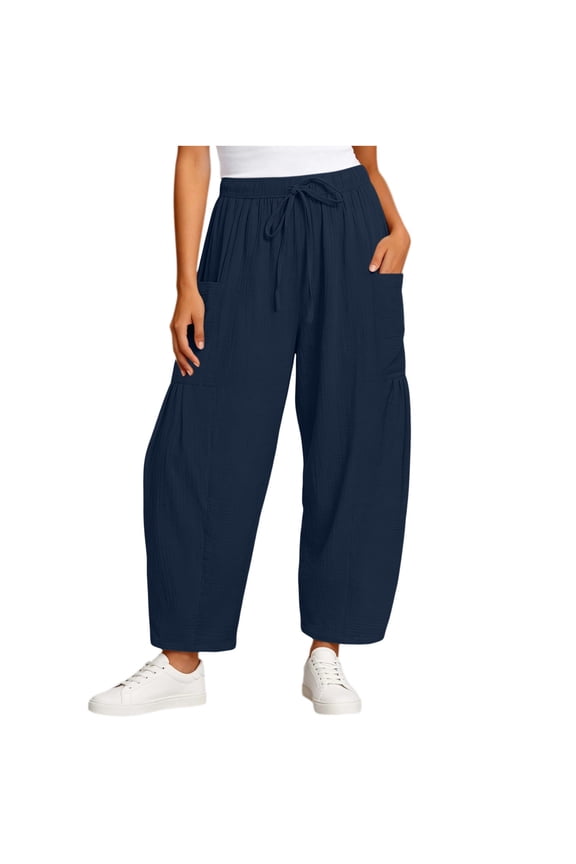 Women's Crinkle Gauze Cotton Pants Elastic Drawstring Waist Harem Lantern Pant Loose Baggy Casual Trousers with Big Patch Pockets Navy,2xL