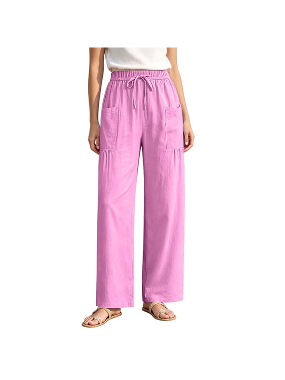 Women's Crinkle Gauze Cotton Pants Elastic Drawstring Waist Harem Lantern Pant Loose Baggy Casual Trousers with Big Patch Pockets Pink,XL