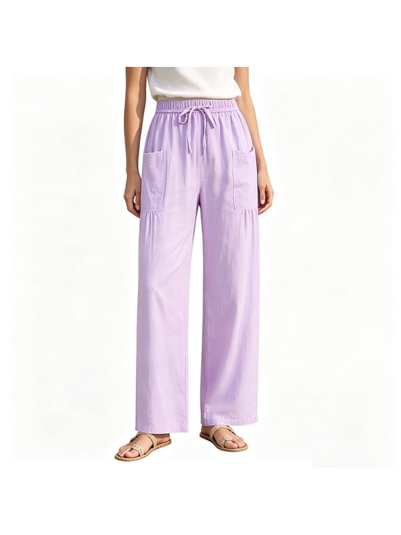 Women's Crinkle Gauze Cotton Pants Elastic Drawstring Waist Harem Lantern Pant Loose Baggy Casual Trousers with Big Patch Pockets Purple,L