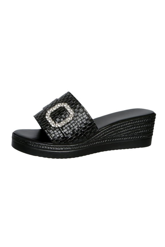 Women's Croc Embossed Open Toe Wedge Heel Mule Slides Rhinestone Square Buckle Elegant Daily Sandals Black 5.5