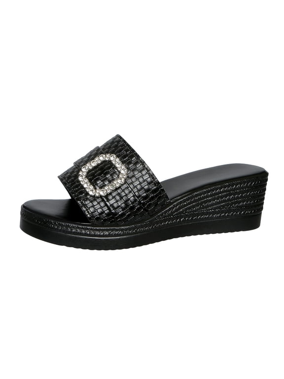 Women's Croc Embossed Open Toe Wedge Heel Mule Slides Rhinestone Square Buckle Elegant Daily Sandals Black 5.5