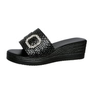 hlysgo Womens Croc Embossed Open Toe Wedge Heel Mule Slides Rhinestone Square Buckle Elegant Daily Sandals Black 6
