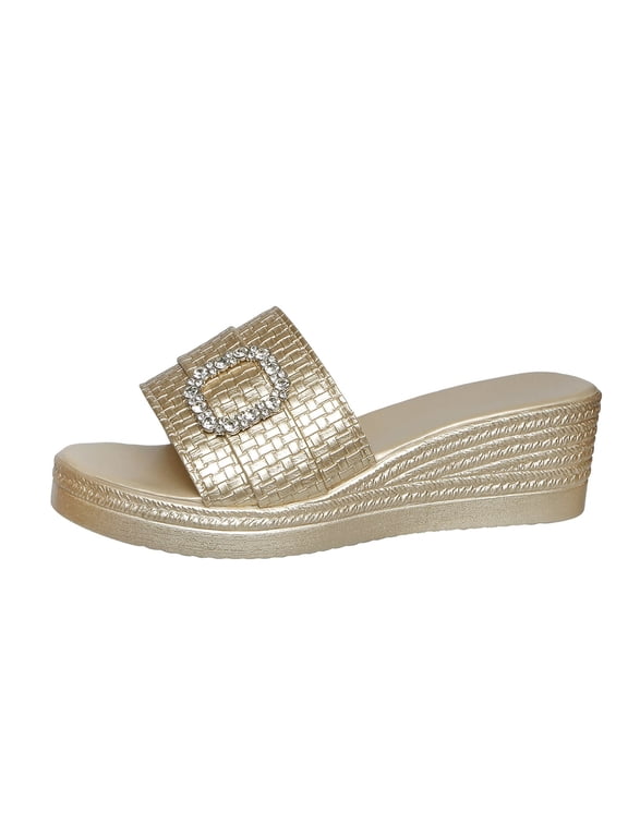 Women's Croc Embossed Open Toe Wedge Heel Mule Slides Rhinestone Square Buckle Elegant Daily Sandals Gold 5.5