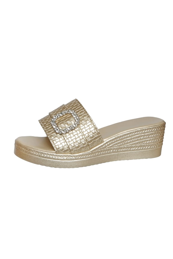 Women's Croc Embossed Open Toe Wedge Heel Mule Slides Rhinestone Square Buckle Elegant Daily Sandals Gold 8.5