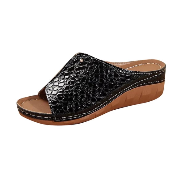 hlysgo Women's Crocodile Embossed Open Toe Split Wedge Slide Sandals Metal Rivet Decor Platform Casual Summer Sandals Black,40