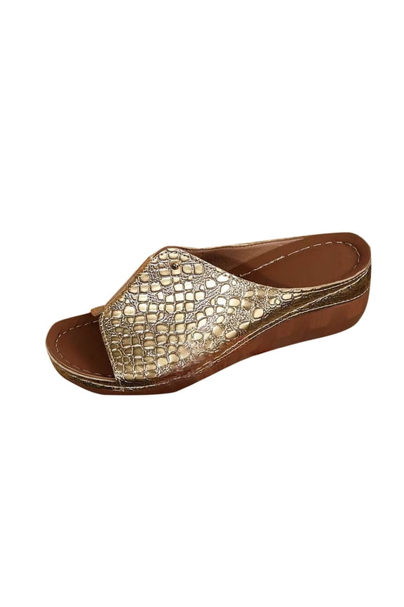 Women's Crocodile Embossed Open Toe Split Wedge Slide Sandals Metal Rivet Decor Platform Casual Summer Sandals Gold,41