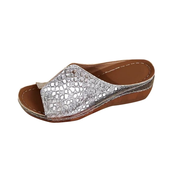 hlysgo Women's Crocodile Embossed Open Toe Split Wedge Slide Sandals Metal Rivet Decor Platform Casual Summer Sandals Silver,42
