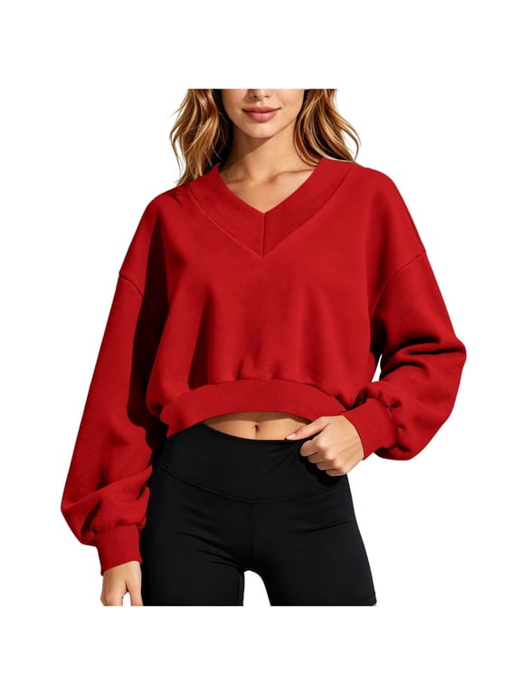 Women's Cropped Sweater V-Neck Long Sleeve Crop Sweaters Pullover Jumper Comfort Cozy Tops Red,XL