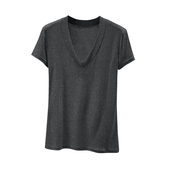 hlysgo Women's Deep V Neck Tops Low Cut Short Sleeve Slim Fit Shirts Comfy Summer Tee Dark Gray,2xL